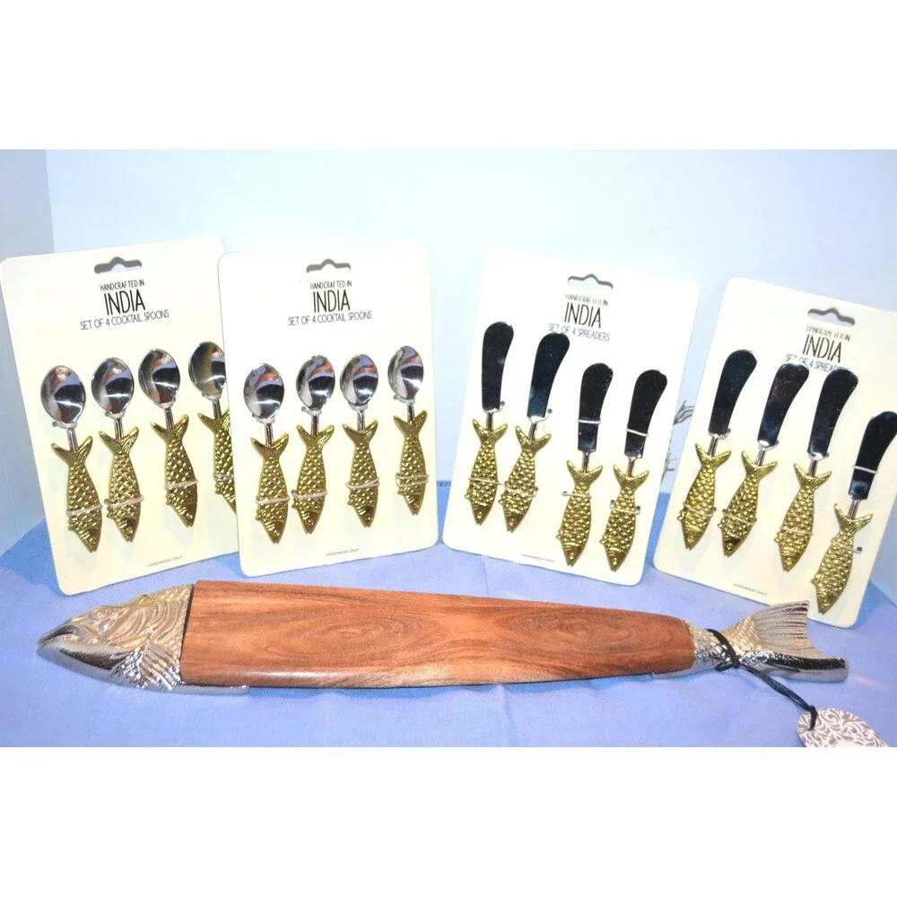Metal Fish Spoons and Spreaders with Wood Fish Serving Board